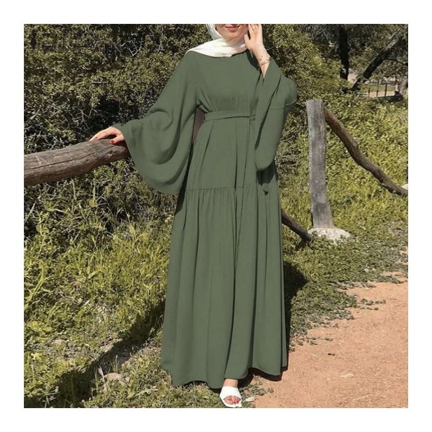 (540) New Solid Color Loose Pullover Belt with Wide Cuffs Dress