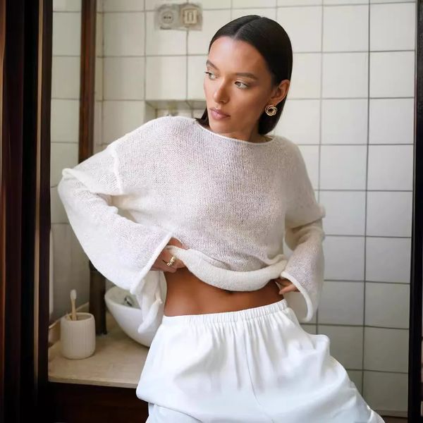 Womens loose and elegant sweater puller oversized casual chic white pink streetwear skydiving retro Oneck hollow jacket top 240809