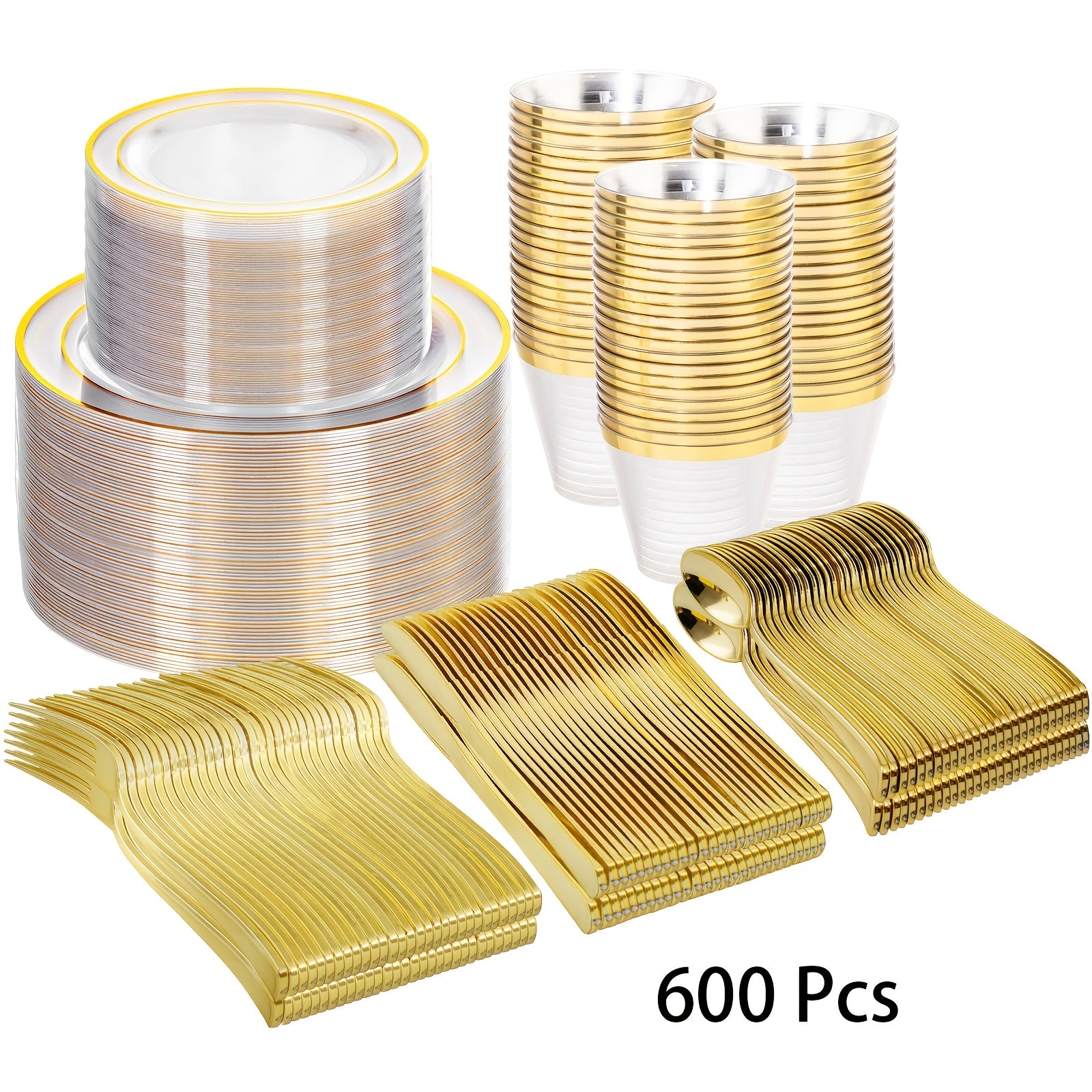 TEMU 600pcs Golden Disposable Plates For 100 Guests, Plastic Plates For Party, Dinnerware Set Of 100 Dinner Plates 10 Inch, 100 Salad Plates 7 Inch,