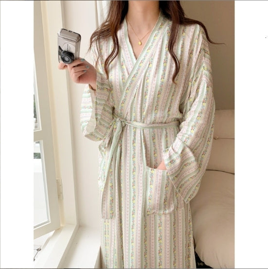 Sleeping Robe Female Ins Early Spring Recommended Striped ral Casual Satin Home Clothing Belt