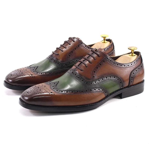 CMM Mens Leather Shoes Business Dress Oxford Shoes Brown Green Top Layer Cowhide Block Carving Small Square Toe Fashionable Mens Shoes