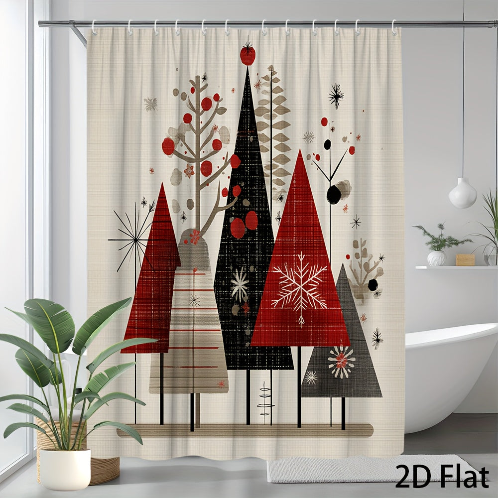 TEMU 1pc Christmas Forest Scene Shower Curtain With Natural Trees And Snowflakes Pattern, Polyester Fabric Bathroom Decor, Includes 12 Hooks, 70.