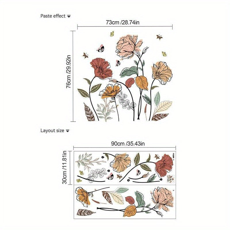 TEMU Boho Chic Wall Decals - Self-adhesive Floral Stickers In Vibrant Pink, For Living Room, Bedroom & Tv Background - Plant Theme Wall Art,