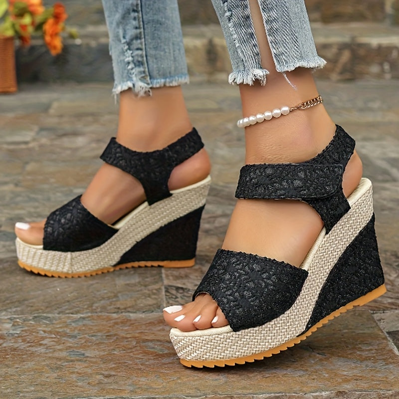 TEMU 2025 Summer New Women' Thick-soled Lace High Heel Sandals, Fashionable And Versatile, Open Toe, Rubber Non-slip Soles, Suitable For Vacation And