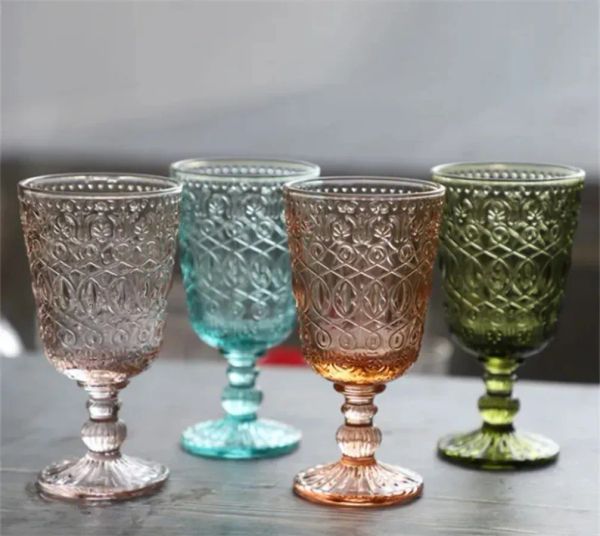 48pcs-carton European Vintage Wine Glasses Emed Stained Goblet 7 Colors Beer Glass Cup