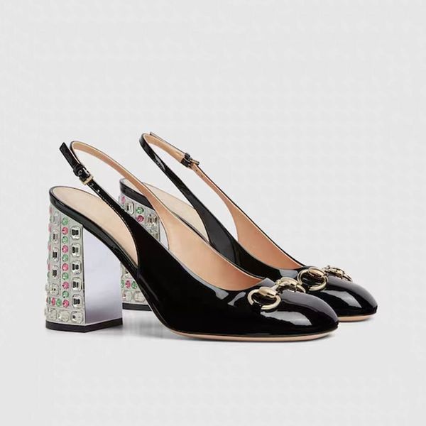 Women&#039;s Chunky Heel sandals Rhinestone decorative heel Dress Shoes Patent Leather Back Strap Round Toes Evening Shoes Luxury designer h