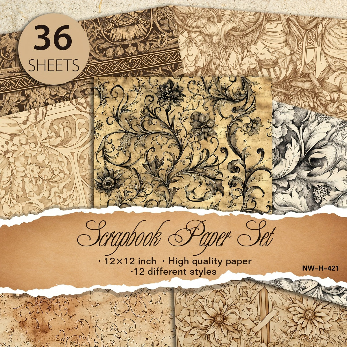 TEMU 36 Sheets 12"x12" Vintage Paper - 12 Unique Floral & Ornate Designs, Premium Paper For Diy Scrapbooking, Planner Stickers, Gift Wrapping, Bulk