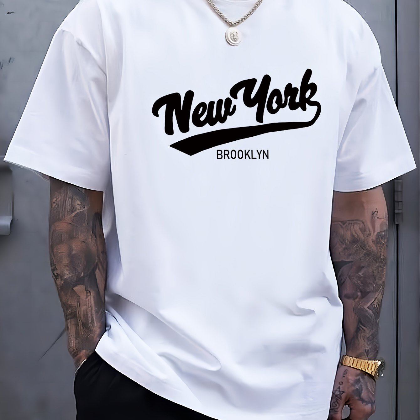 TEMU Men's Casual New Graphic T-shirt, Crew Neck Knit Pullover, Soft Cotton Fabric, Relaxed Fit, Wear, Brooklyn Print Design, White