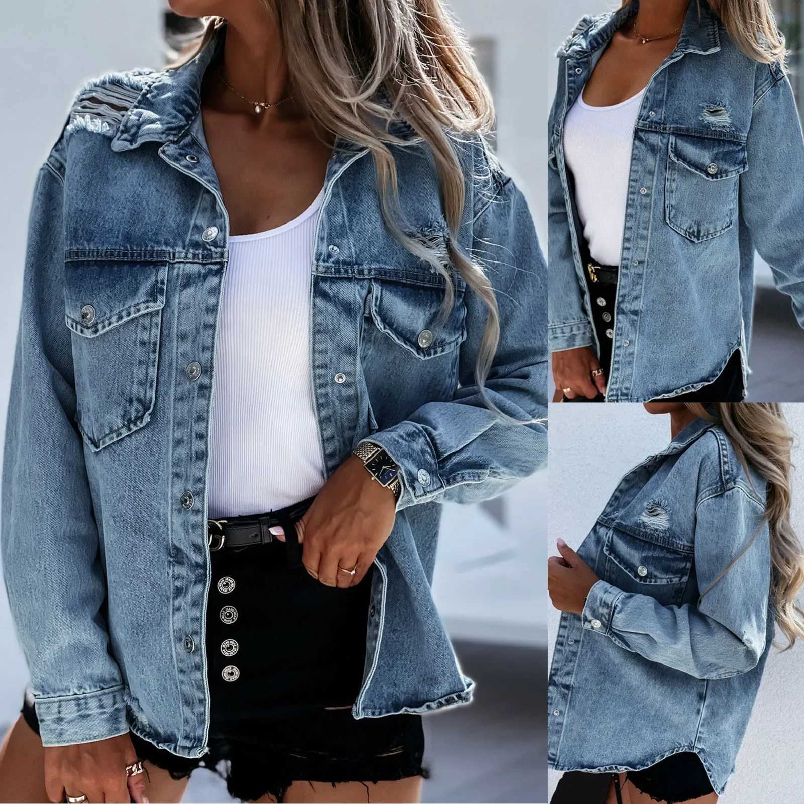 Vintage Womens Denim Jacket 2024 Autumn Washed Holes Ripped Jackets Loose Pocket Jeans Coat Turn-down Collar Outwear ChaquetasX240920