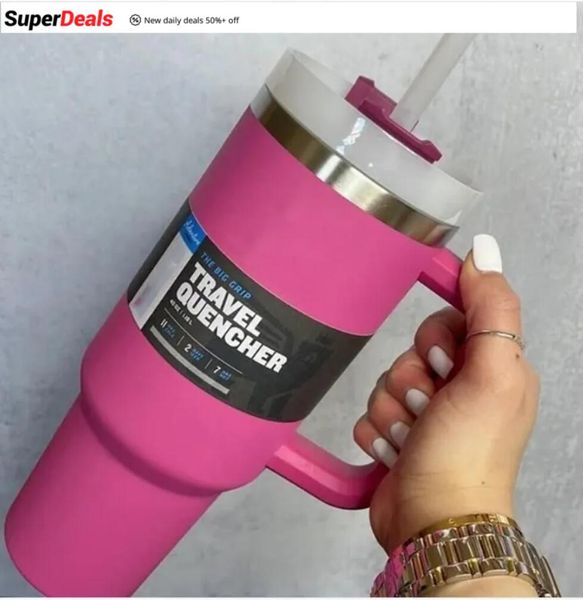 Water Bottles Hot Pink 40oz Stainless Steel Tumblers With Handle Lid and Straw Big Capacity Beer Mugs Powder Camping Cup Vacuum Insulated Dr