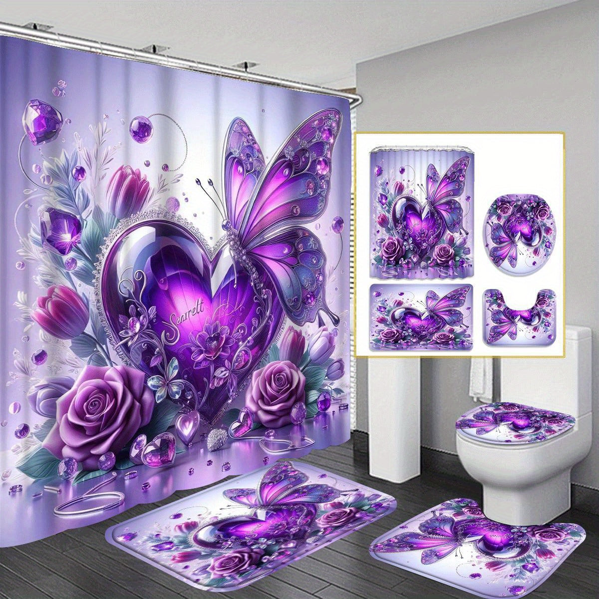 TEMU 1-4pcs Set (includes Shower Curtain, Non-slip Floor Mat, Toilet Seat Cover And U-shaped Mat) - Cartoon Bathroom Decoration Set, Ideal Gift For