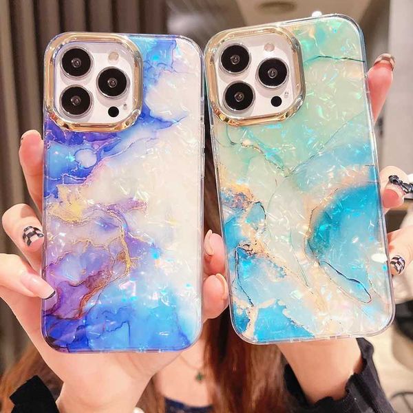 Luxury marble shell pattern laser phone case suitable for iPhone 16 Pro Max 15 14 13 12 11 flash galvanized soft shock-absorbing bumper cove