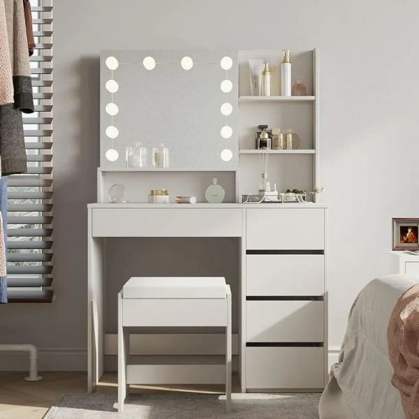 Makeup Vanity with Lights,WithVanity Desk with Chair, 5 Drawers Makeup Table with Lighted Mirror