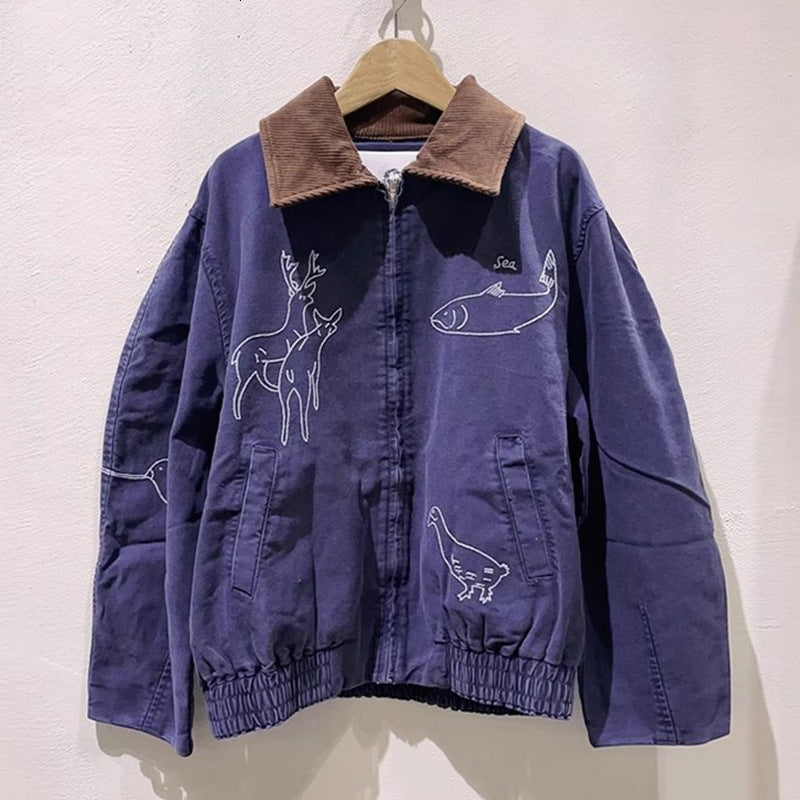 Distressed Embroidered Corduroy Lapel Collar Jacket Single Breasted Long Sleeve Casual Winter Clothes Women