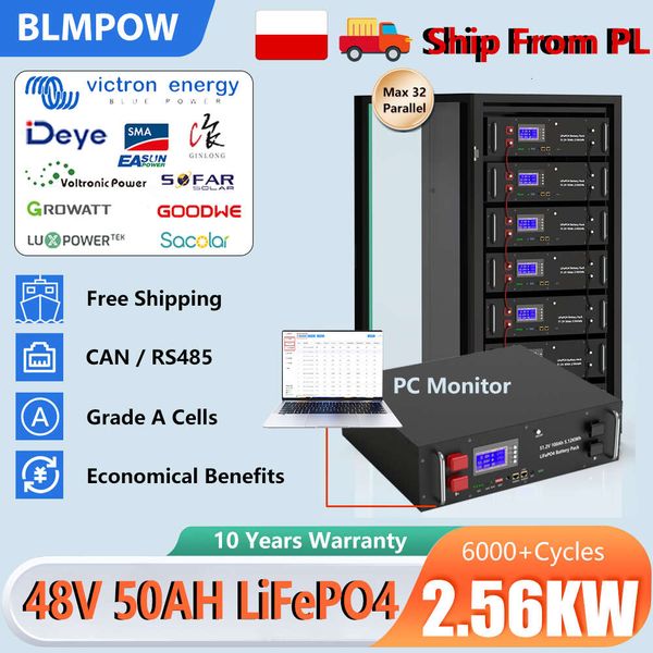LiFePO4 48V 50Ah 100AH 200AH Battery 2.56KW 5KW 10KW 10 Year Warranty CAN-RS485 32 Parellel 6000+ Cycle PC Monitor Poland Stock