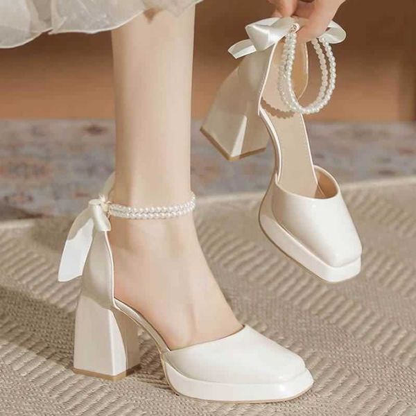 Summer Sweet Back Butterfly-knot Lolita Shoes Big Girls Thick Block High Heels Platform Women Party Flock Princess Sandals 2024C241023