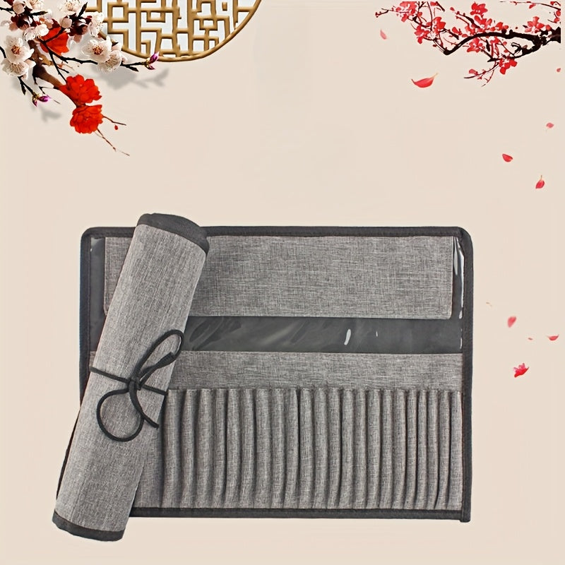 TEMU 24-slot Durable Nylon Art Brush Case, Portable Roll-up Paint Brush Holder & Organizer Storage Bag For Gouache & Watercolor Pens With Transparent