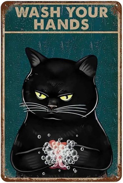 Retro Tin Sign Black Cat Wash Your Hands Vintage Poster Vintage Style Sign Decorative Fun Household Inspirational Signs 12X8 Inc Z250118