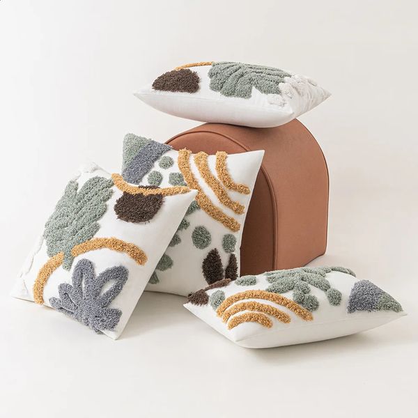 Bohemian plush soft cushion cover cotton canvas leaf embossed decoration soft cushion sofa living room throw pillow cover 240821