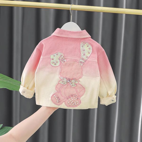 Jackets Gradient Denim Coat For Girls Strawberry Appliques Lapel Collar One Breasted Kids Jean Jacket Sequined Rabbit Pattern Outerwears 7a9
