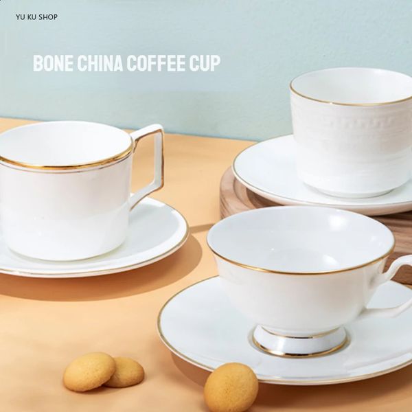 European Bone China Coffee Cup Saucer English Afternoon Tea Ceramic Simple Golden White Set Home Black Flower Teacup 240729