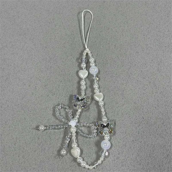Cell Phone Straps Charms Korean Cute Clear Butterfly Bow Pearl Beads Beaded Phone Chain For iPhone Camera Hanging Rope Anti-Lost Lanyard Han