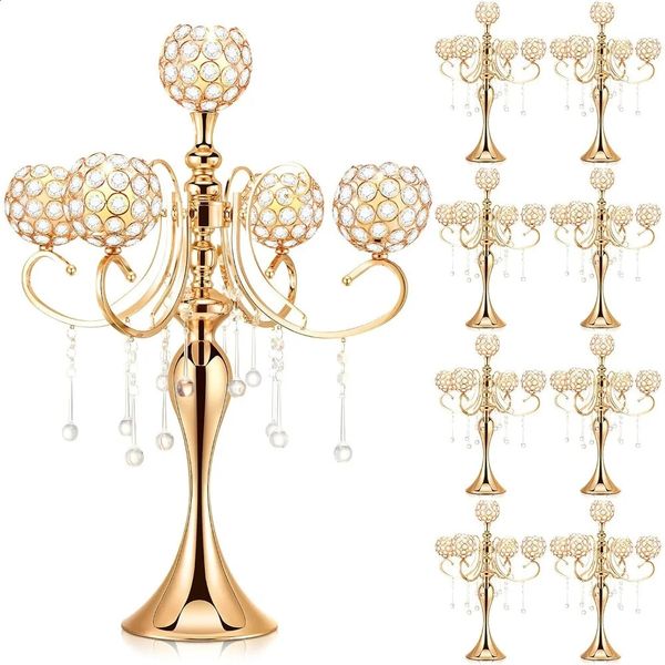 8 Pcs 256 5 Arm Candelabra Candle Holder Centerpieces for Table Gold Crystal Candlestick Holders Tall Stand 240731