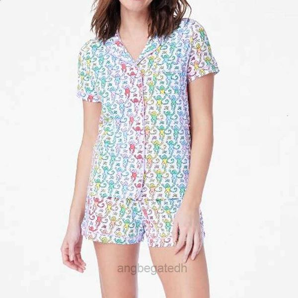 Rainbow Monkey Print Comfy Lounge Pajama Y2k Vintage Short Sleeve Blouse Shirt Top Shorts Piece Set Outfits Women Sleepwear 240810