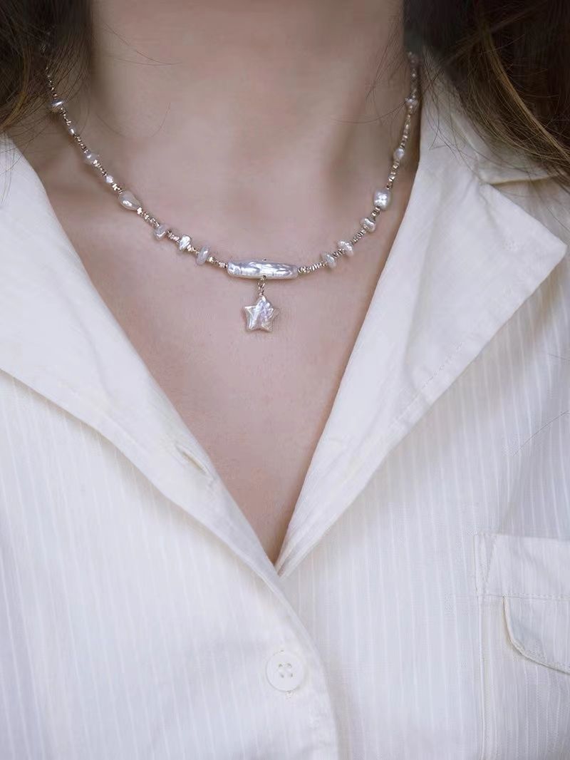 pated Stainless Steel Jewelry Jewellery Pendant Necklace Chain Star Freshwater Pearl Necklace