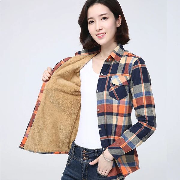 2023 Winter Plus Thick Womens Warm Plaid Shirt Coat Lady Casual Fleece Velvet Jacket Tops Women Clothes Outerwear 241203