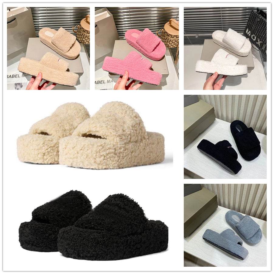 Furry Slippers Luxury Men Women Designer Sandals Slider Lady Fashion Wool Fur Fluffy Letters Casual Slides Black White Pink Grey Beige Platform Flip