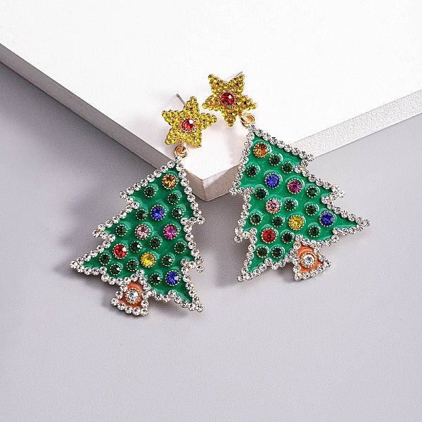 Boucles d'oreilles pendantes en alliage avec sapins de Noël et étoiles pour femmes