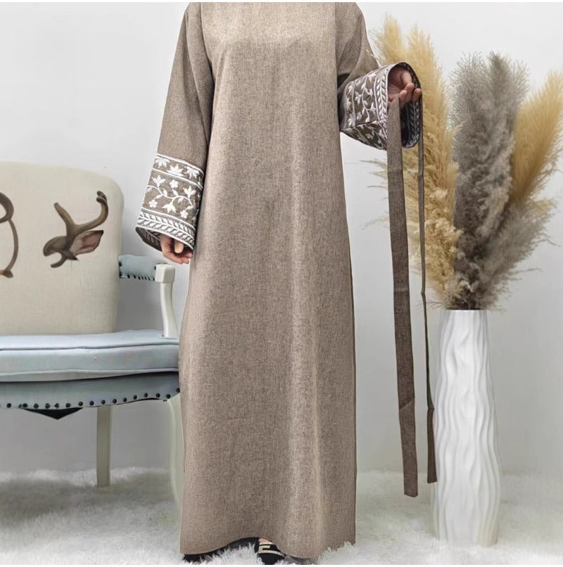 (438) Embroidery Elegant Fashion Round Neck Long Sleeve Plus Size Dress Swing Robe