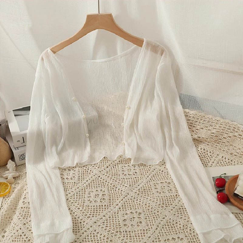 K1101 White chiffon cardigan women&#039;s thin shawl small outer cover summer sun protection clothing tulle jacket with suspenders skirt