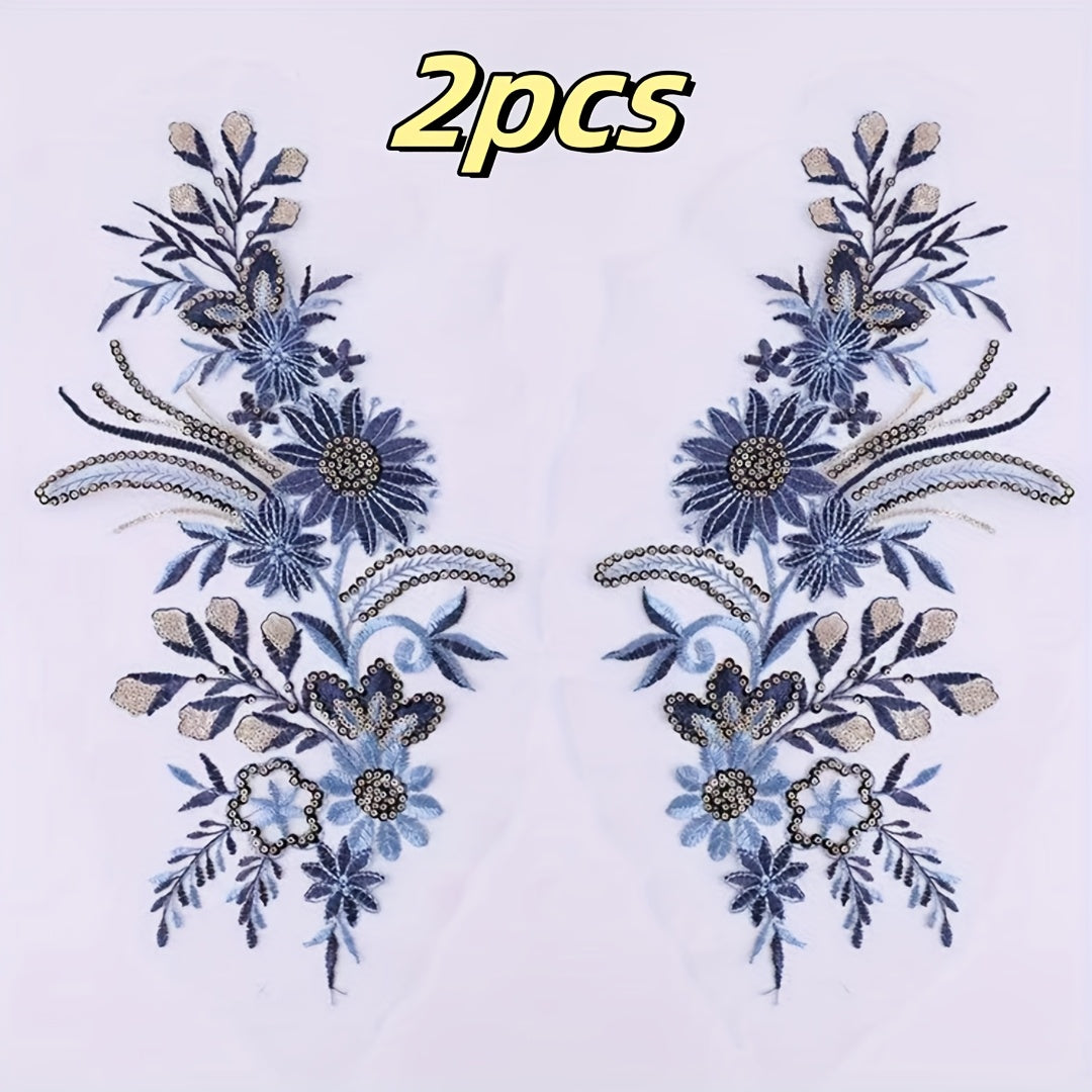 TEMU 2pcs Floral Lace Embroidery Patches With Beads & Sequins - -on-sew-on Appliques For Diy Wedding Dress, Jeans, T-shirt Decor | Elegant Fabric