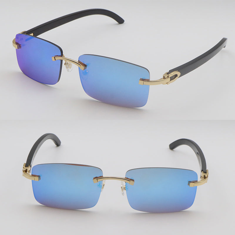 Famous Men Women Rimless Mirror Lens Sunglasses Genuine Natural Black Buffalo Horn Glasses High quality Mens Sun Glasses C Decoration 18K Gold Frame