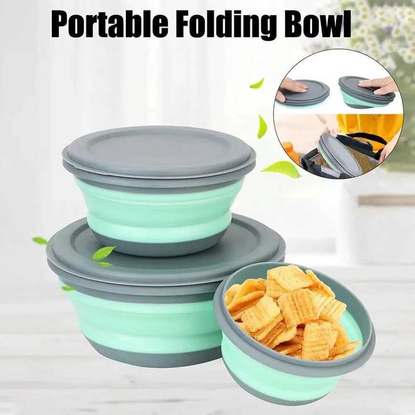 3Pcs-Set Round Silicone Folding Lunch Box Microwave Folding Camping Bowl Portable Folding Food Container Box Salad Bowl With LidXJ240829