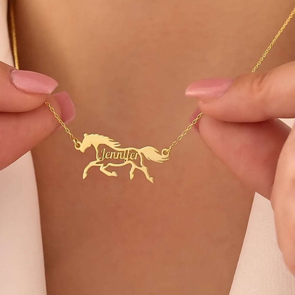 TEMU Personalized Horse Name Necklace, Custom Stainless Steel Pendant, Simple Sporty Style, Daily & Sports Occasion Jewelry For Women, English Only