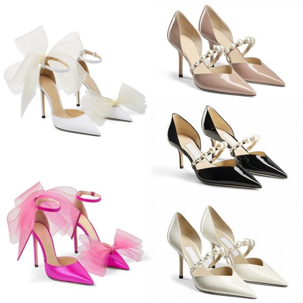 Womens Dress Shoes Averly Mesh Fascinator Bows Slik Pumps Bing Mules Crystal Strap Heel Designer High Heels Black White Fuchsia Pearl Women