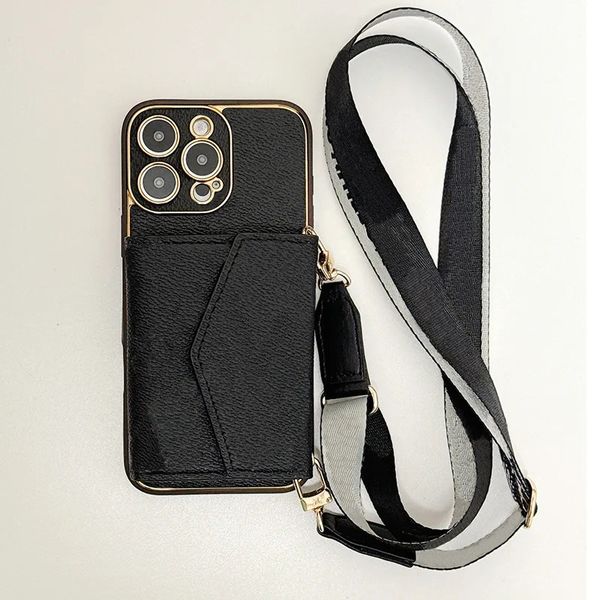 Luxury Leather Flip Wallet Phone Case for iPhone 16 15 14 Crossbody Strap Card Holder Magnetic Tab Closure Chromed Lens Ring Hardwares Back