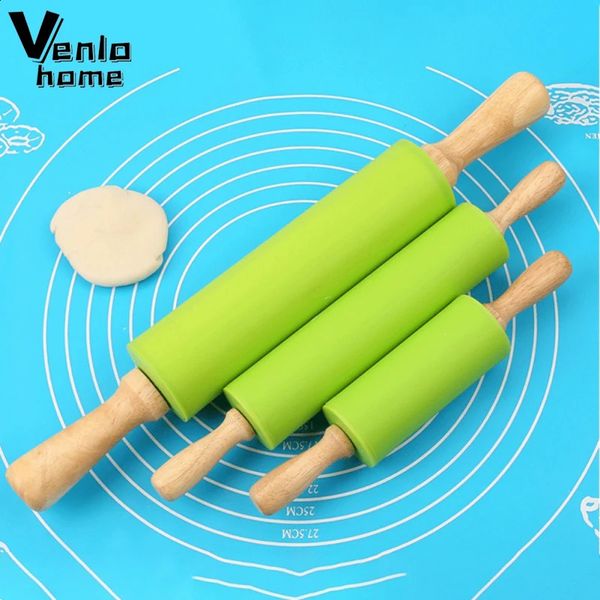 Non-Stick Silicone Rolling Pin Wooden Handle Pastry Dough Flour Roller Kitchen Cooking Baking Tool For Pasta Cookie Dough 240729