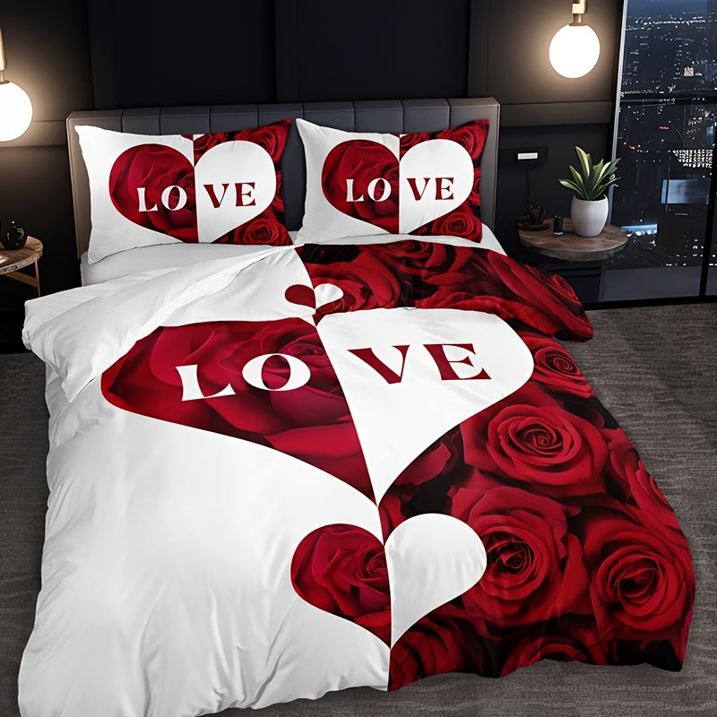 TEMU 3pcs Red And Heart Duvet Cover Set(1 Duvet 2 Pillowcases Without Pillow Core), Bedroom Domitory High Definition Digital Printing Room Decor