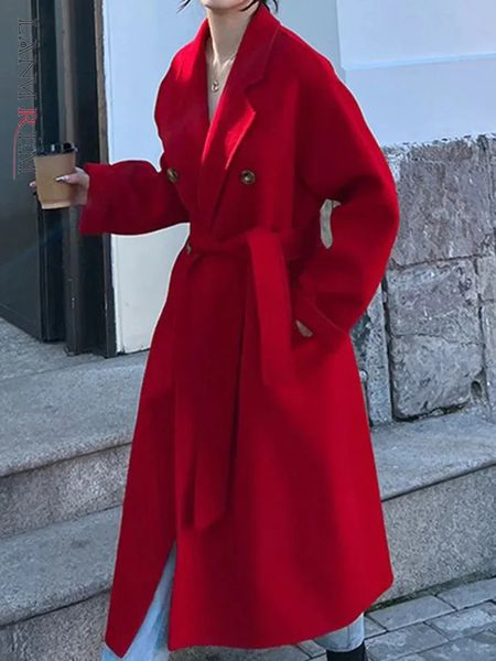 LANMREM Red Doublesided Wool Coat For Women Cashmere Double Breasted Long Sleeves Belt Woolen Coats Female Clothing 2DA7715 241127