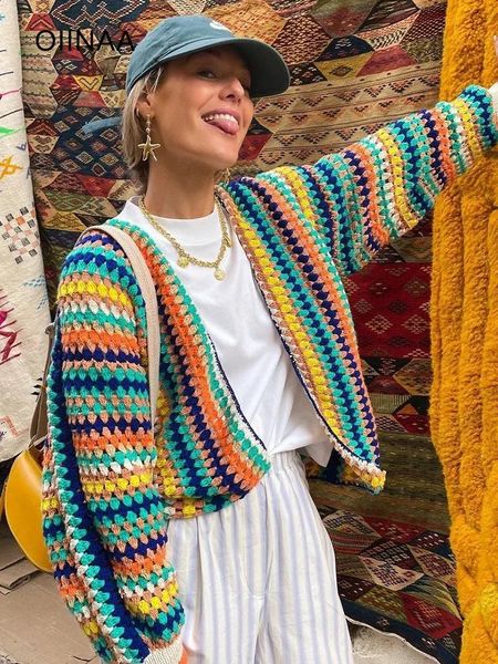 OIINAA Striped Knitted Cardigan for Women Sweater Open Stitch Long Sleeve Rainbow Outerwears Fashion Causal Cardigans 240815