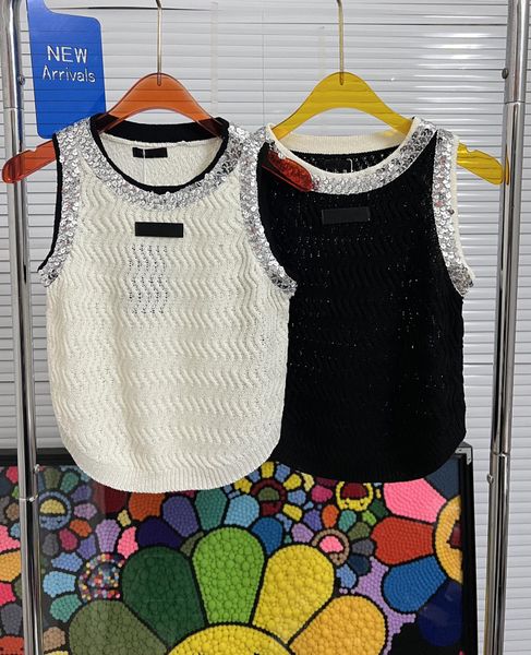 Designer Women&#039;s Vest knitted Sequin collar leather tag top Sleeveless top 26681 white-black-grey size S-L