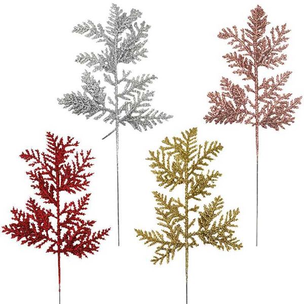 High Quality (10 pieces-batch) Artificial plants pine tree branches Christmas tree decorations gold sparkling sequin materials decorative ac