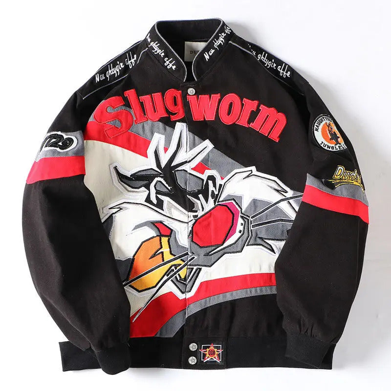 Street embroidery anime baseball jacket mens workwear loose motorcycle jacket pure cotton zipper long sleeved stand up collar 241118