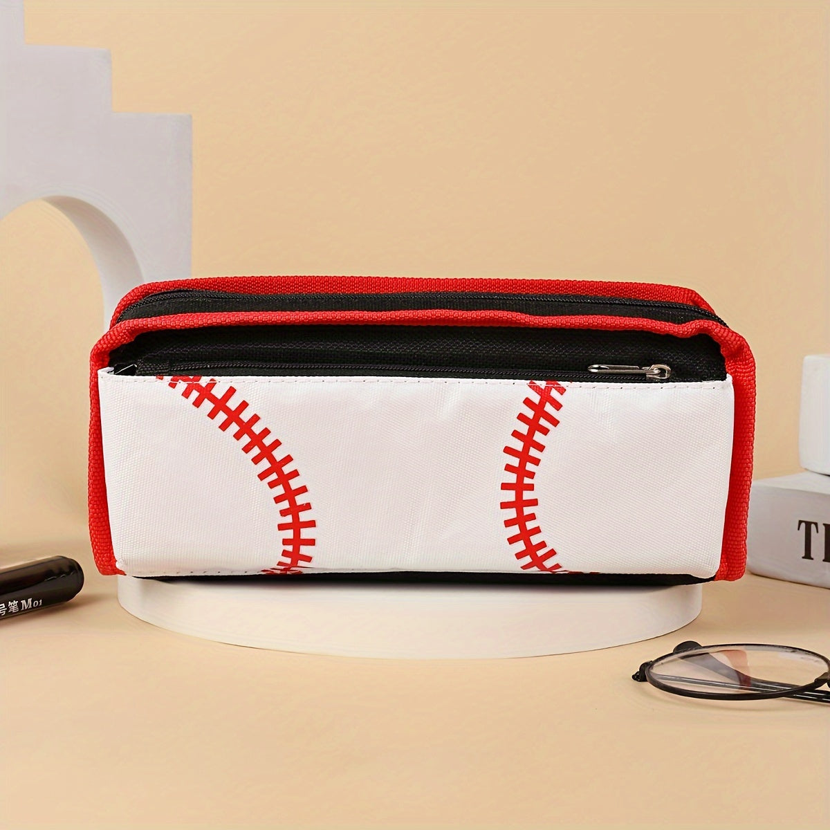 TEMU Sporty Oxford Cloth Pencil Case: Football, Baseball, Basketball, And - Small Capacity, Double Layer, Desk Organizer