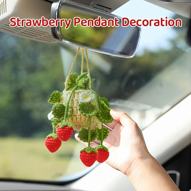 TEMU 1pc Crochet Planter Pendant - Fabric Hanging Car Decoration, With Hand-made Flower Basket Design, Cute Pendant, Cloth Car Interior Accessories -
