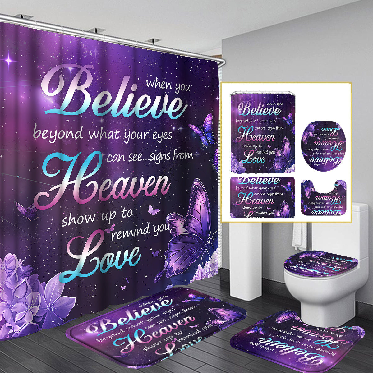 TEMU 4pcs Valentines Day Purple Shower Curtain Bathroom Sets Full Sets, Inspirational Quotes With Flower Shower Curtain Sets With Rugs, Modern
